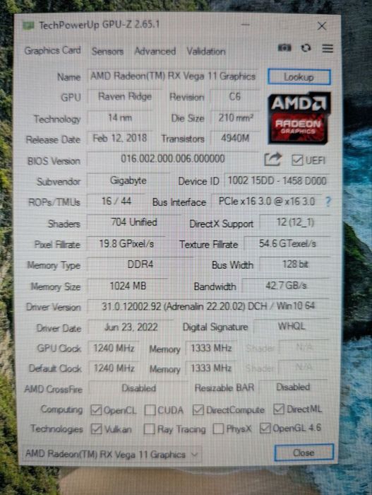 Gigabyte GA-A320M-S2HV2 + Ryzen 5  2400G + 16 DDR 4