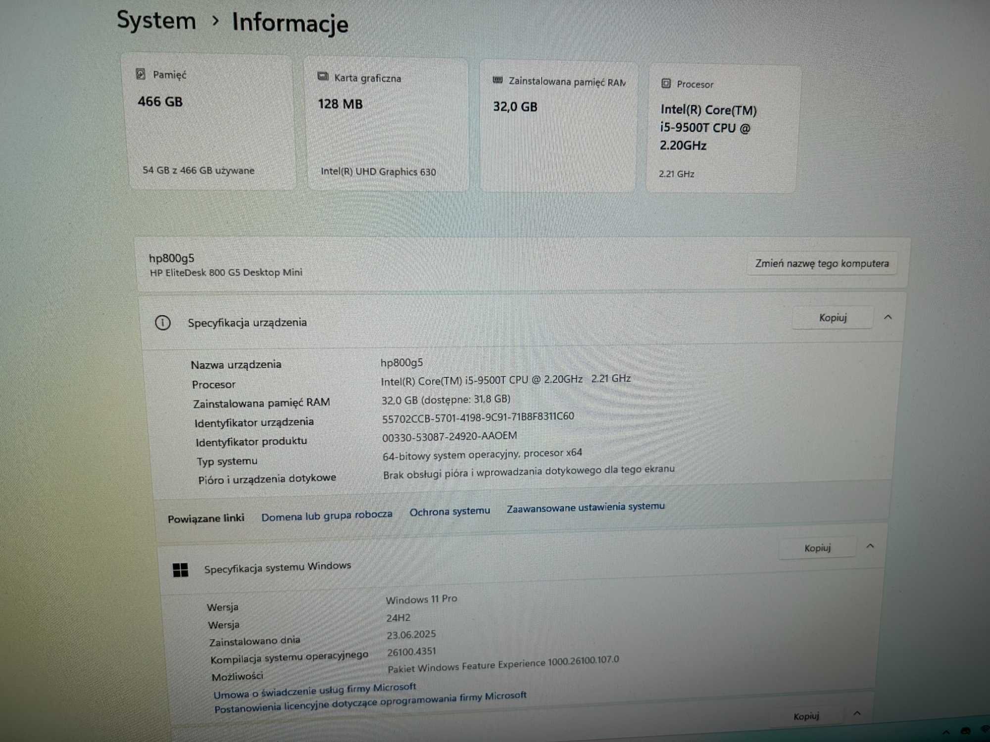 Bardzo ładny i szybk Hp elitedesk 800 g5 i5 9500T 32GB RAM NOWY 500SSD