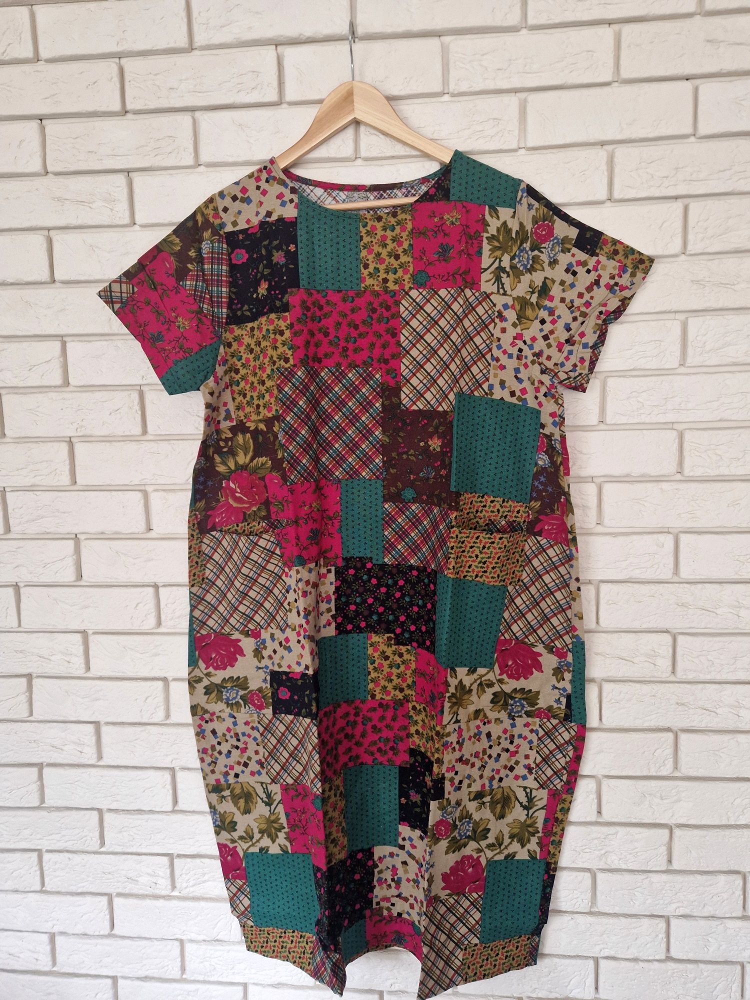 Lniana sukienka patchworkowa z kieszeniami 42 XL 100% len plus size