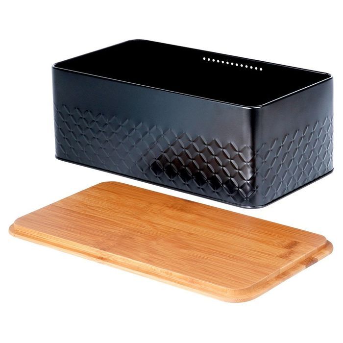 Chlebak metalowy z deską drewnianą czarny 33,5x18,5x12,5 cm