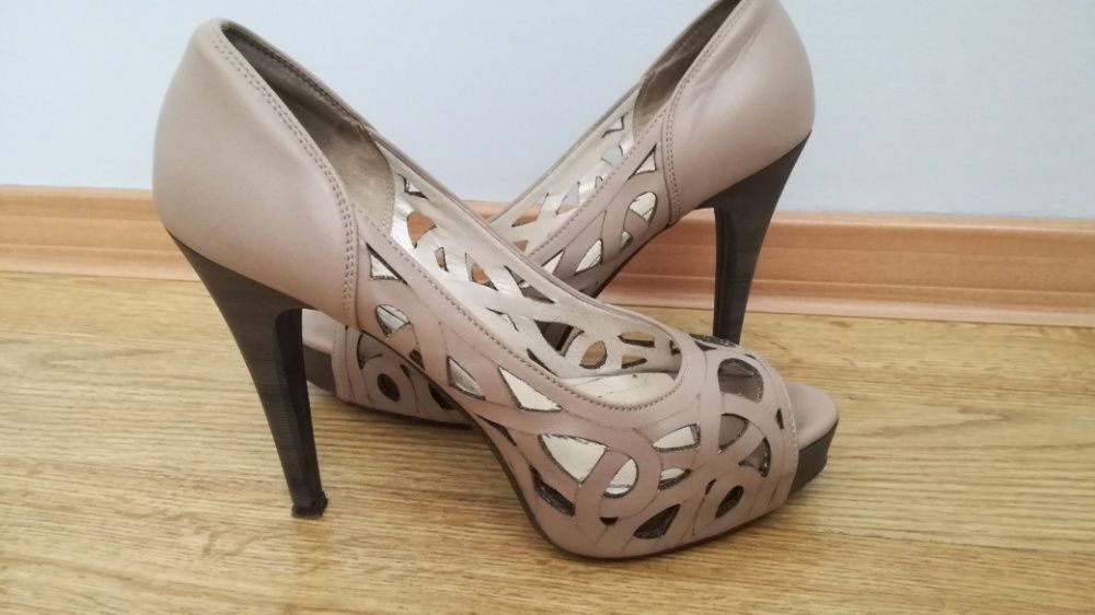 Buty, szpilki R.Polański rozm. 37 skóra, skórzane, ażurowe, nude, beż