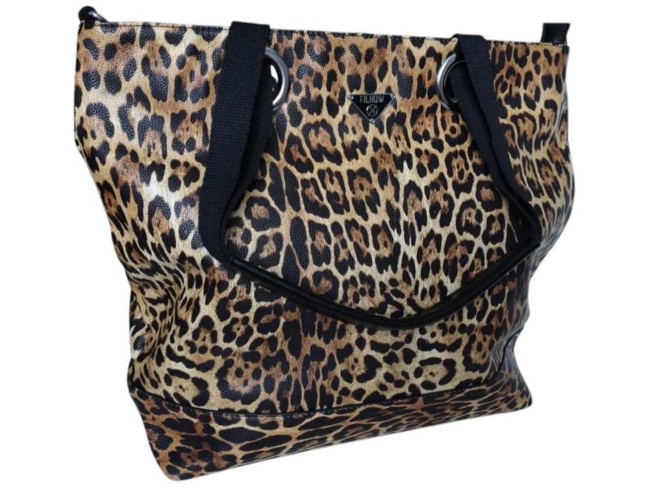 Torebka Damska Shopper z Przegrodą Brązowa Torba na Ramię, Panterka
