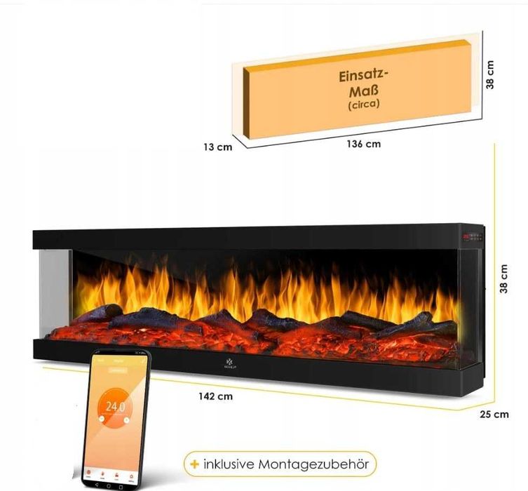Kominek ścienny z funkcją grzewczą elektryczny kesser czarny 1800 W