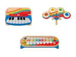 Instrumenty drewniane pianino bębenek cymbałki perkusja Montessori