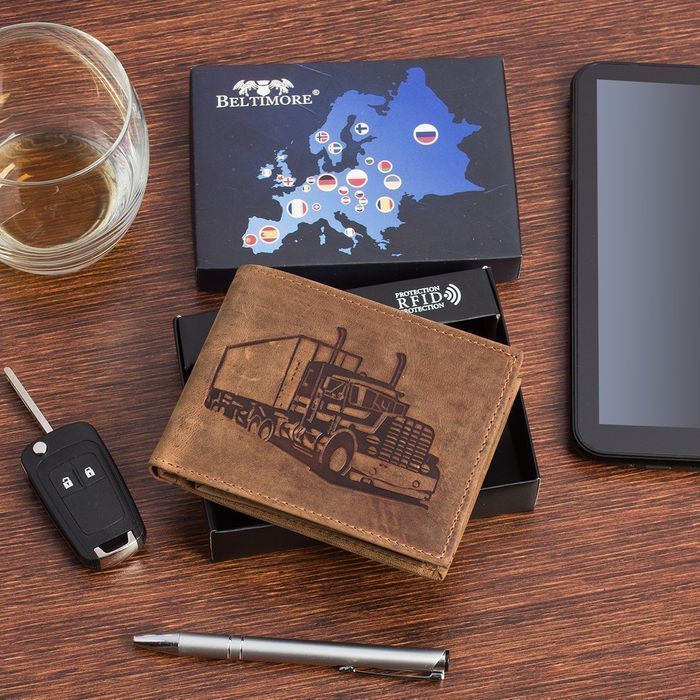 Portfel skórzany męski brązowy nubuk poziomy skóra ciężarówka RFiD