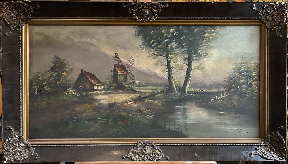 Duży obraz - "Młyn nad rozlewiskiem", sygnowany