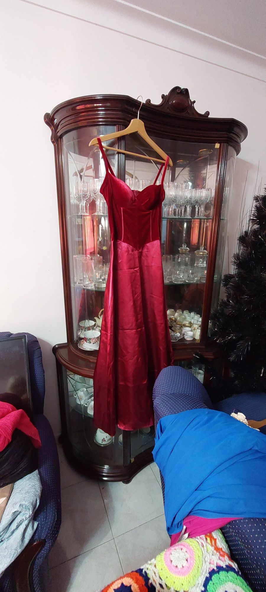 Vestido comprido veludo e cetim corpete 38 novo festa