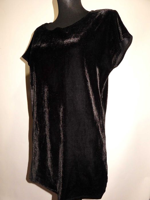 Tunika długa bluzka welurowa krótki rękaw czarna prosta gładka Life 38