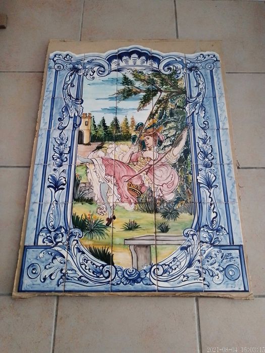 Painel de Azulejos Dama Antiga Baloiço Imagem Quadro 105x75cm Castelo