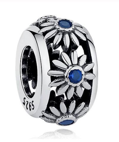 CHARMS do bransoletki Pandora krążek granatowy niebieski kwiatek s925