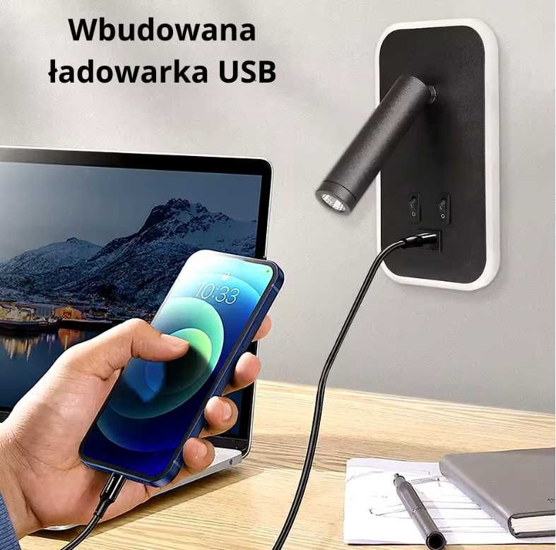 Ścienny LED  z portem USB do ładowania i dwoma źródłami światła