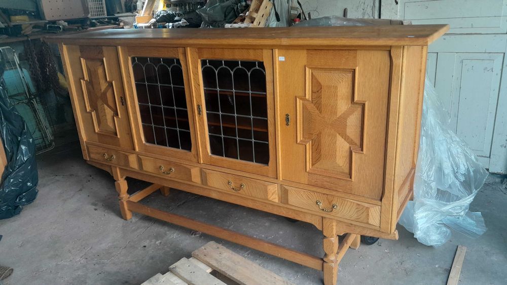 Szafka retro vintage, drewno, zdobione kolorowe szyby, Dania