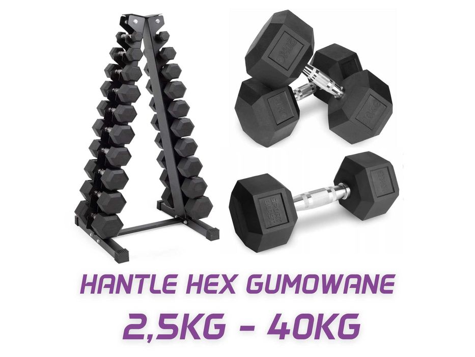 Hantle żeliwne HEX ogumowane 2,5kg - 40kg + stojaki do hantli WR