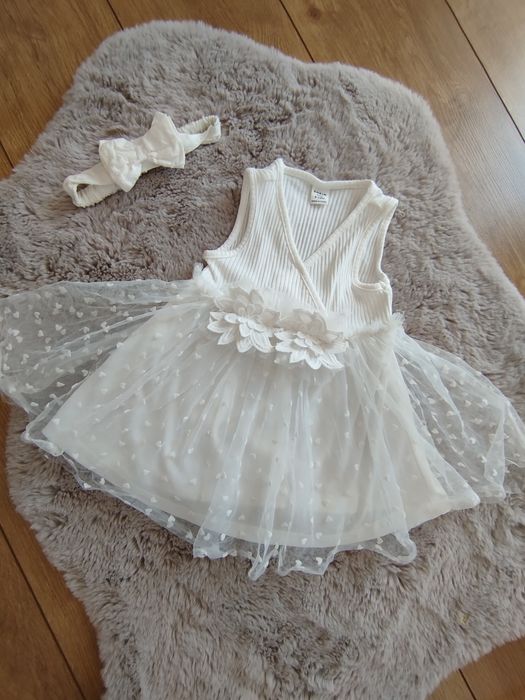 Cudna rozkloszowana biała sukienka z tuilem 80 + opaska