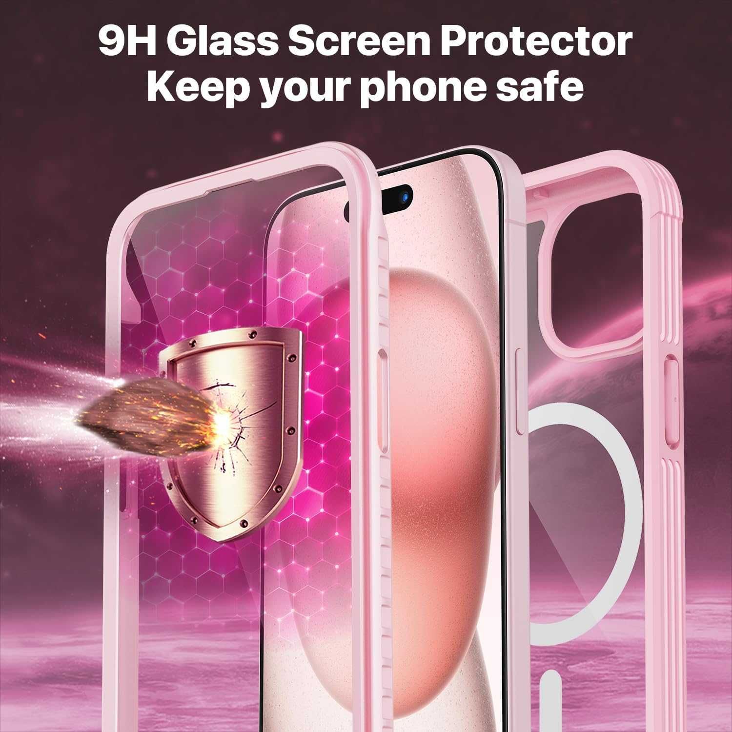 CENHUFO etui iPhone 15 pancerne etui magsafe 360 szkło na aparat róż