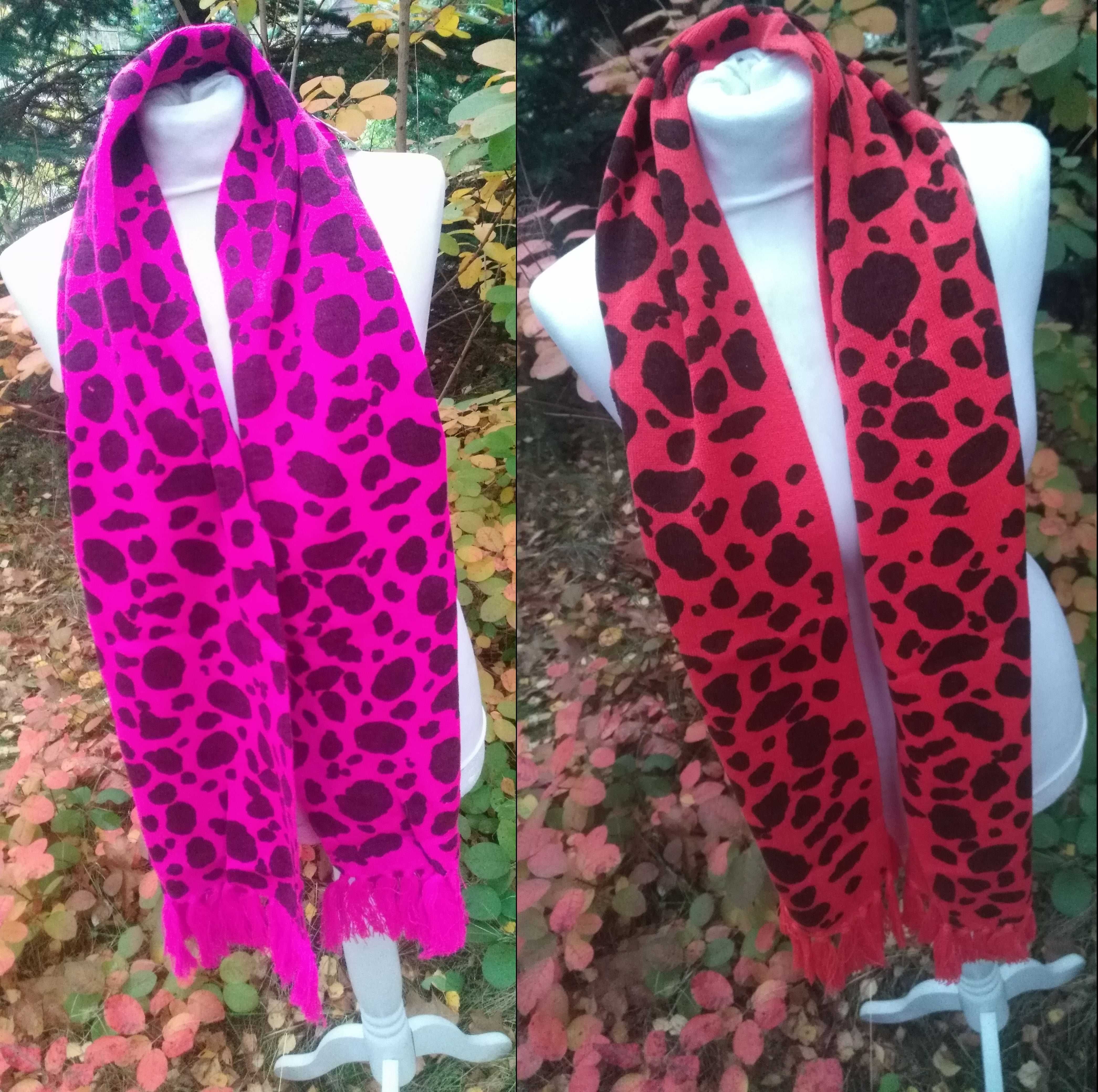 Nowy długi szalik szal maxi z frędzlami różowy czerwony dalmatyńczyk