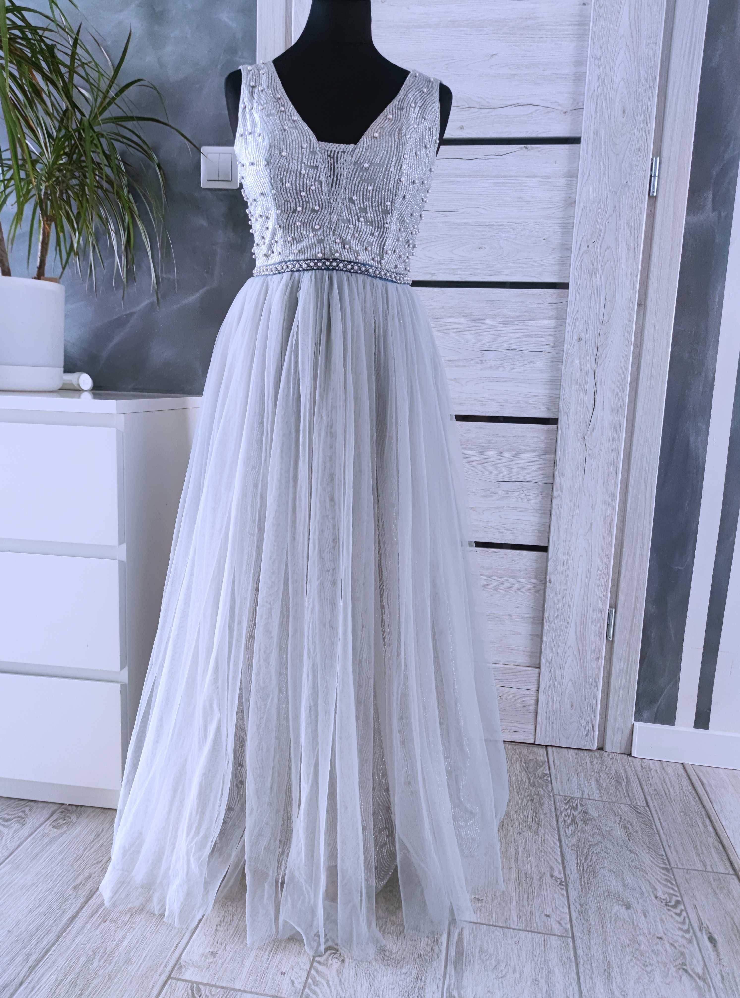 długa tiulowa suknia wieczorowa srebrna balowa rozmiar m 38 ślubna