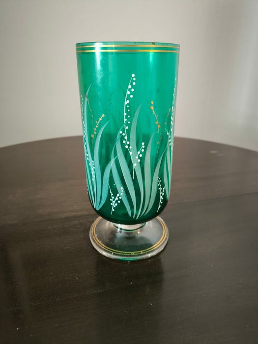 Jarra vidro verde  pintada à mão