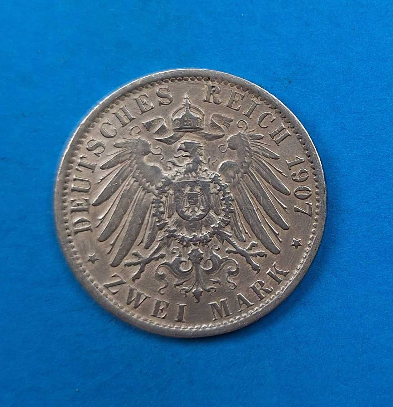 Niemcy Cesarstwo, Prusy 2 marki 1907, Wilhelm II, dobry stan, Ag 0,900