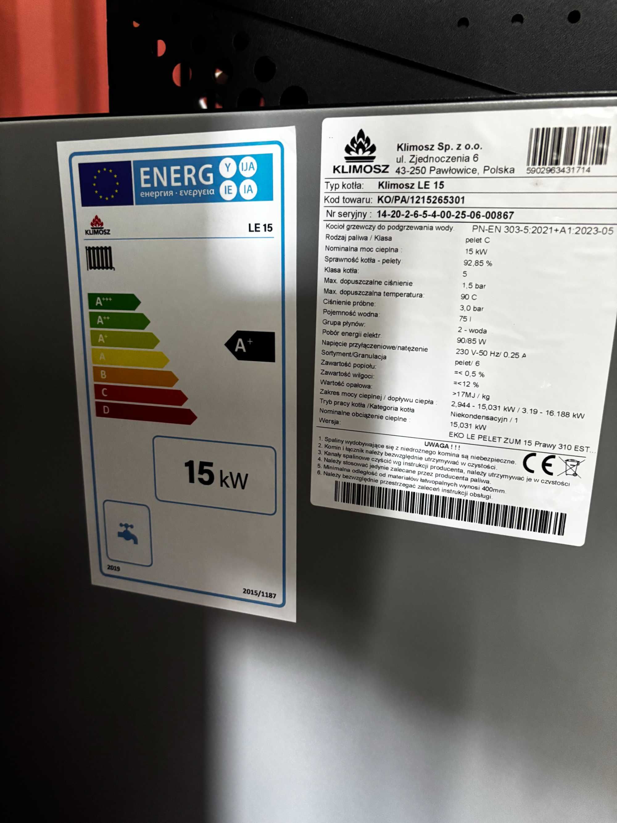 Kocioł Klimosz LE 15 kw Piec na pelet  z rusztem ruszt palnik skiepko