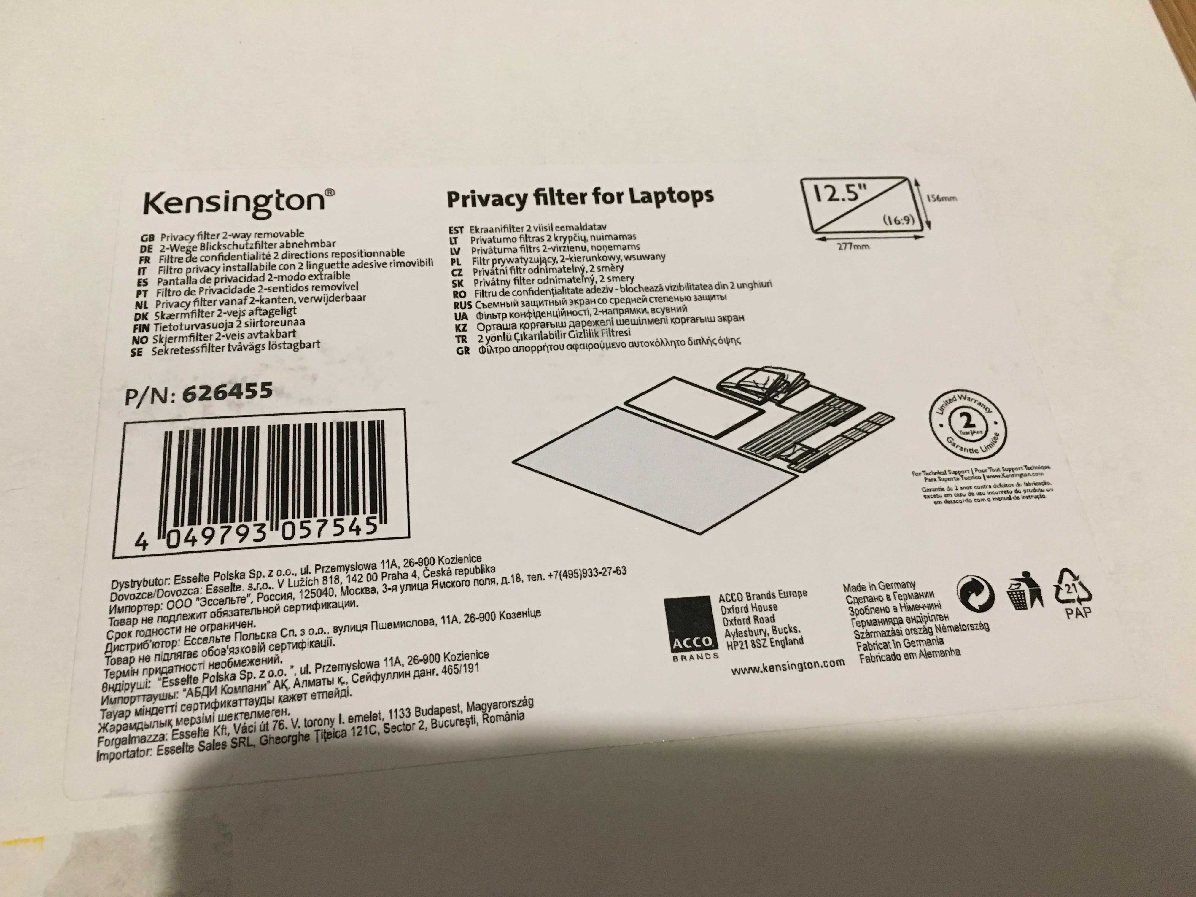 Filtr prywatyzujacy, 2-kierunkowy, wsuwany, Kensington 12,5