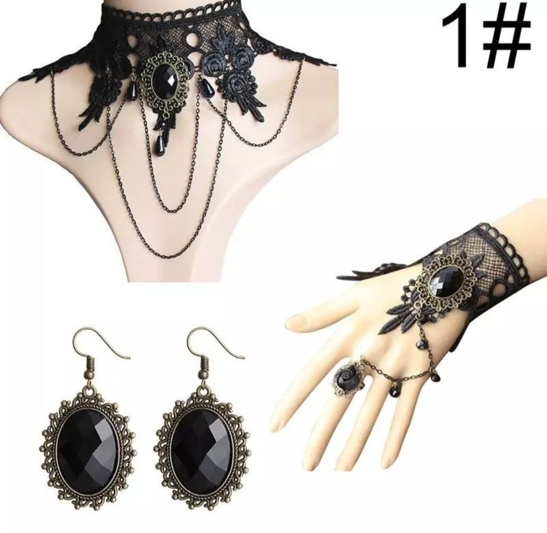 Choker naszyjnik Gothic punk lolita zestaw pierścionek