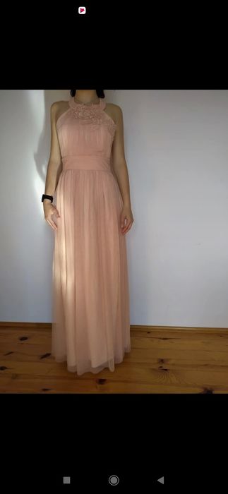 Sukienka wieczorowa tiulowa długa pudrowy róż
