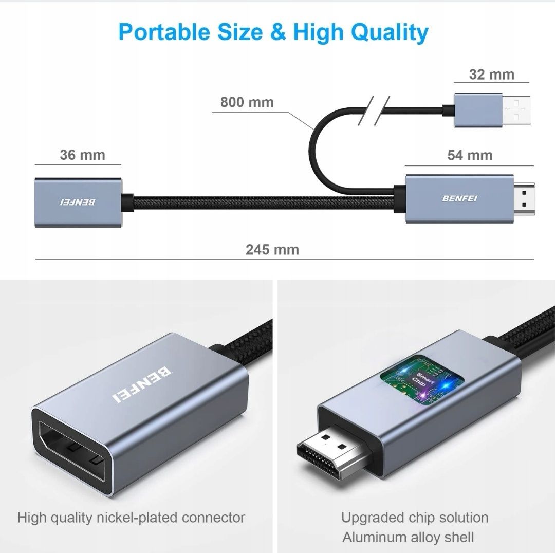 Adapter BENFEI HDMI do DisplayPort (szary)
