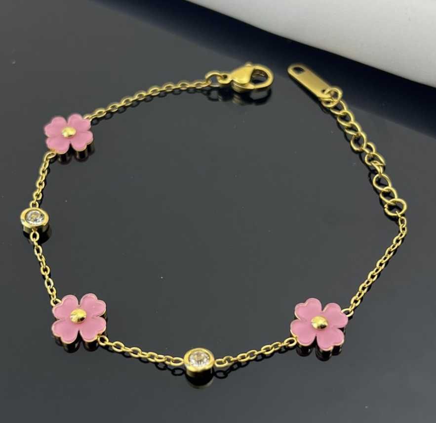 Pulseira Dourada em Aço Inoxidável – Flor com Pérola e Cristal