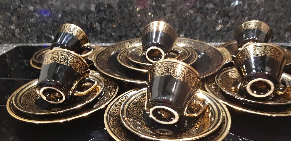 Chodzież Serwis kawowy  Ira Złocony 6 osób +deser lata 70 Klasyk