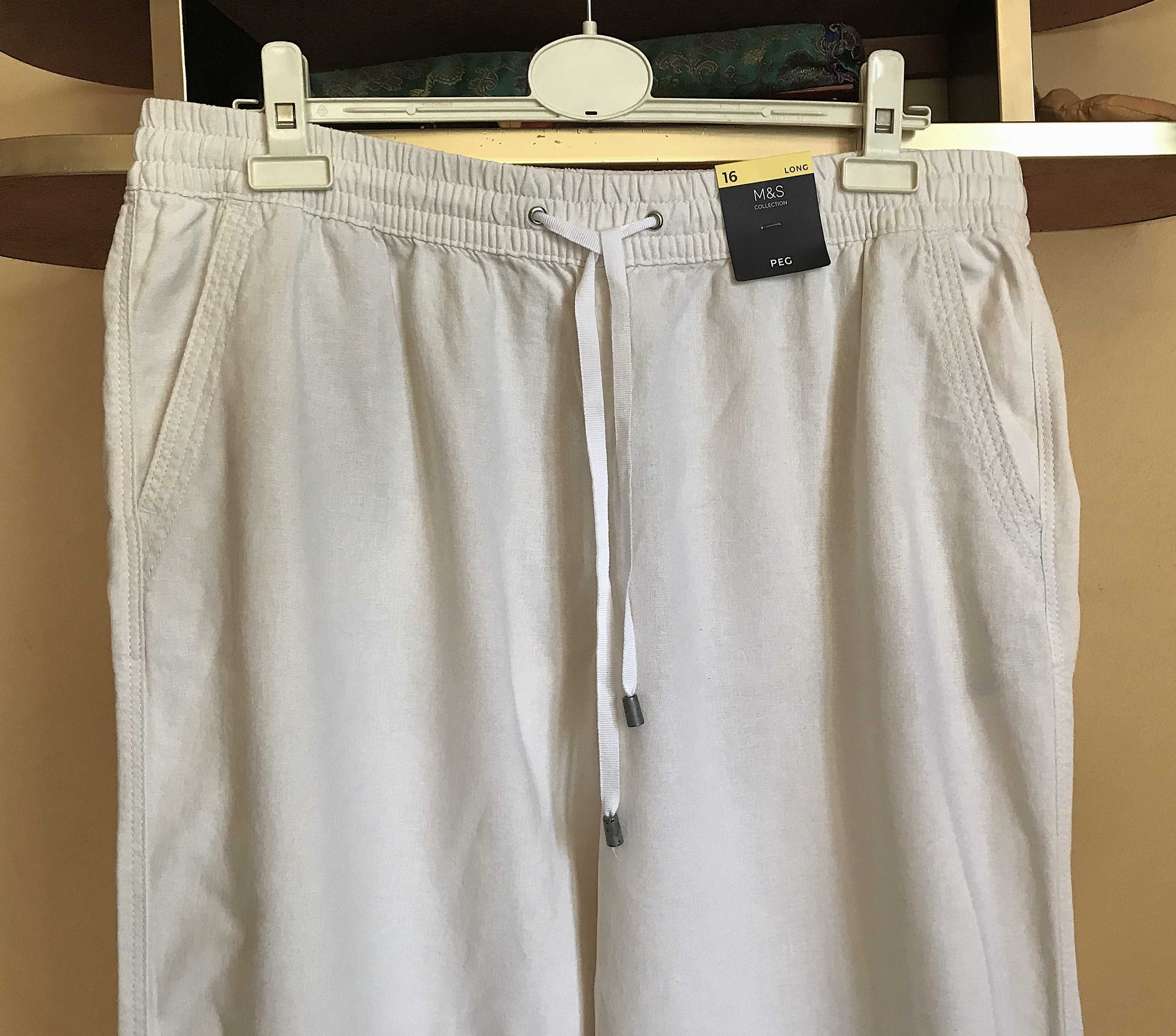 spodnie marks&spencer len wiskoza białe wiązane guma plus size 44