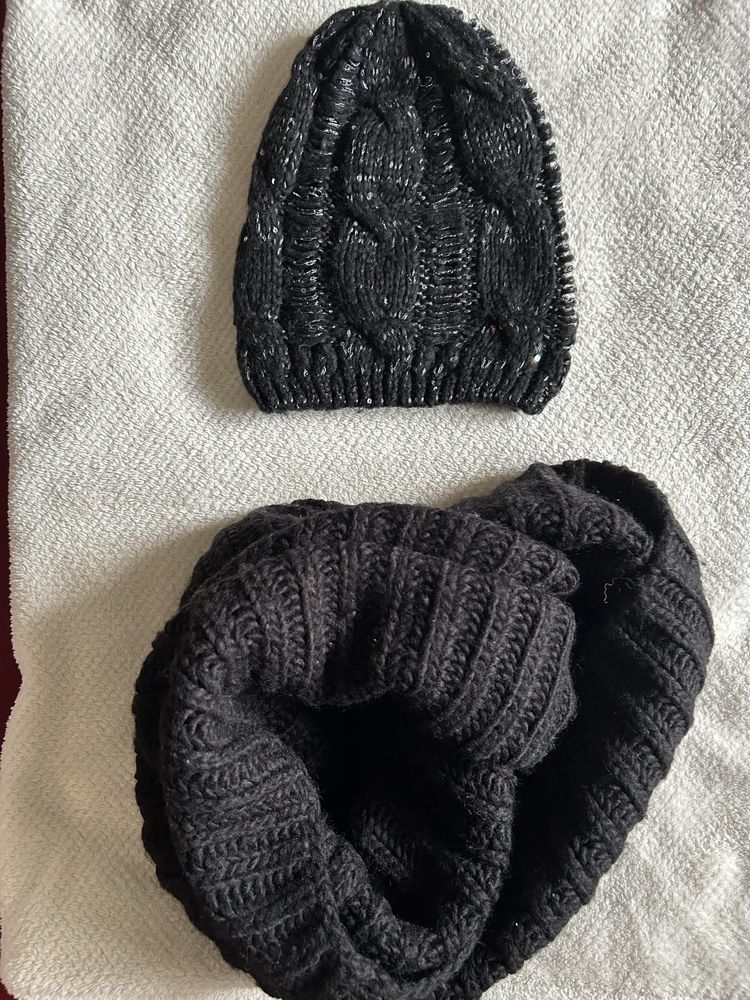 Komplet czapka Mohito komin H&M wełna czarny wełniany zestaw