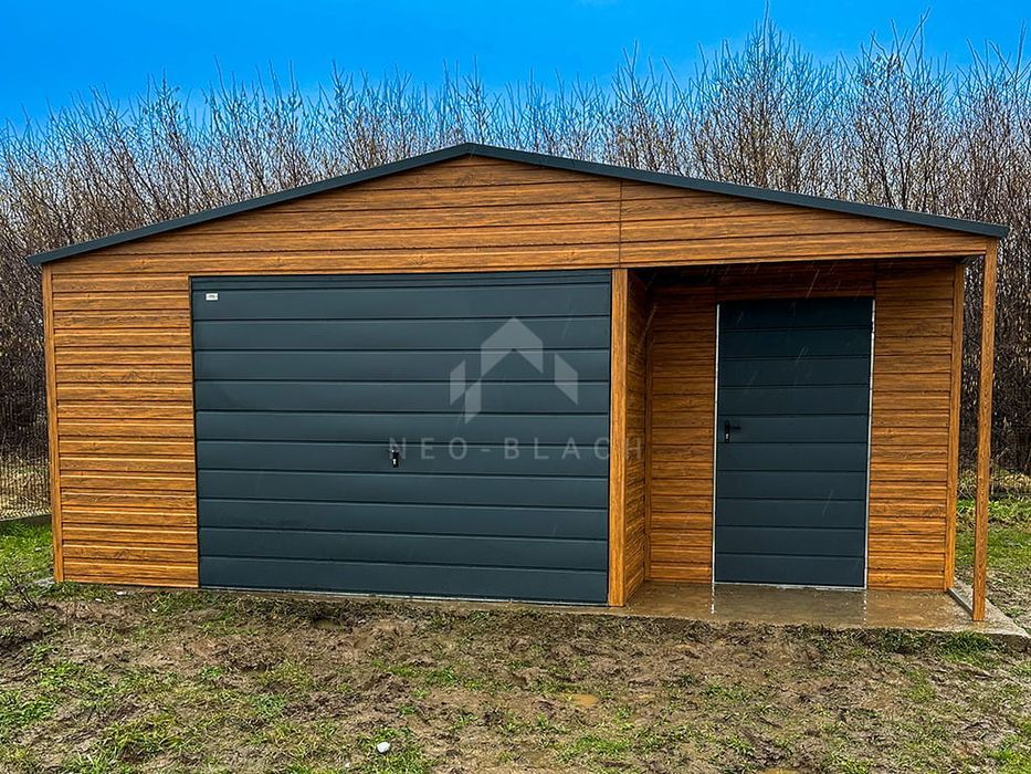 Garaż Blaszany 8X5M + Wnęka 1X2 - Brama Drzwi Drewnopodobny Nb110