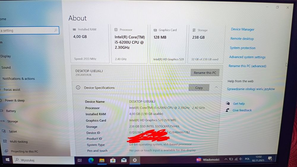 Lenovo ThinkPad 13 Core i5 4GB RAM SSD 256GB WIN 10 PRO