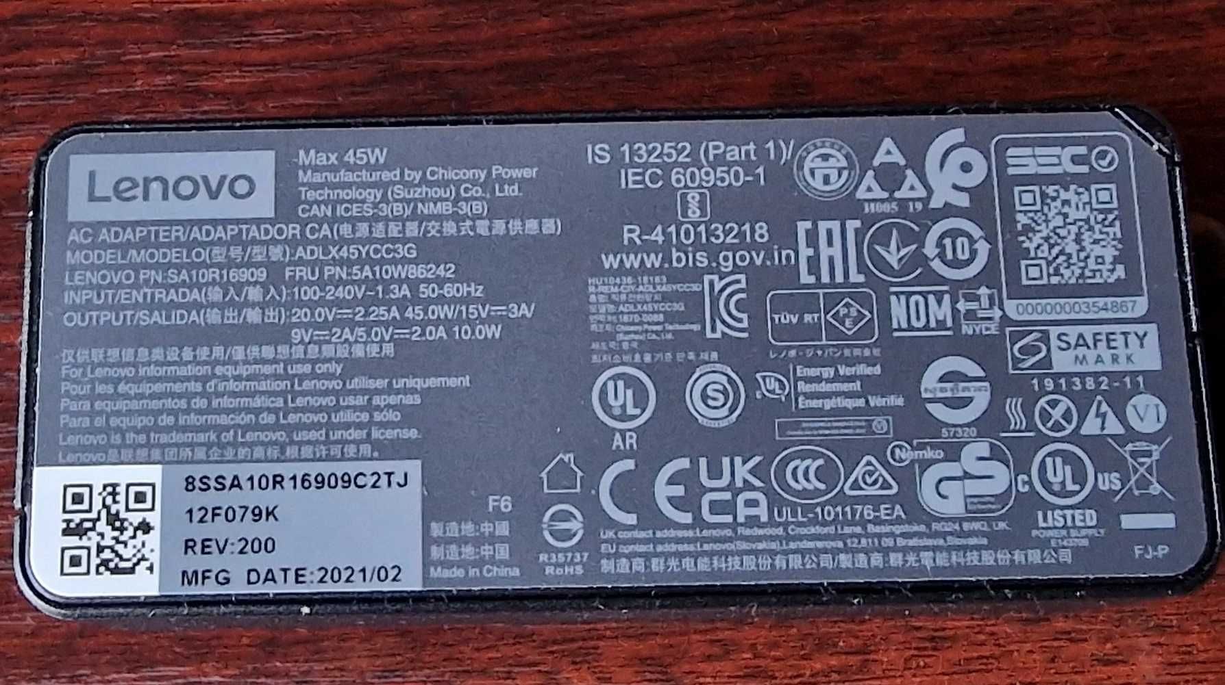 Lenowo original charger with UK-EU adaptor 45W