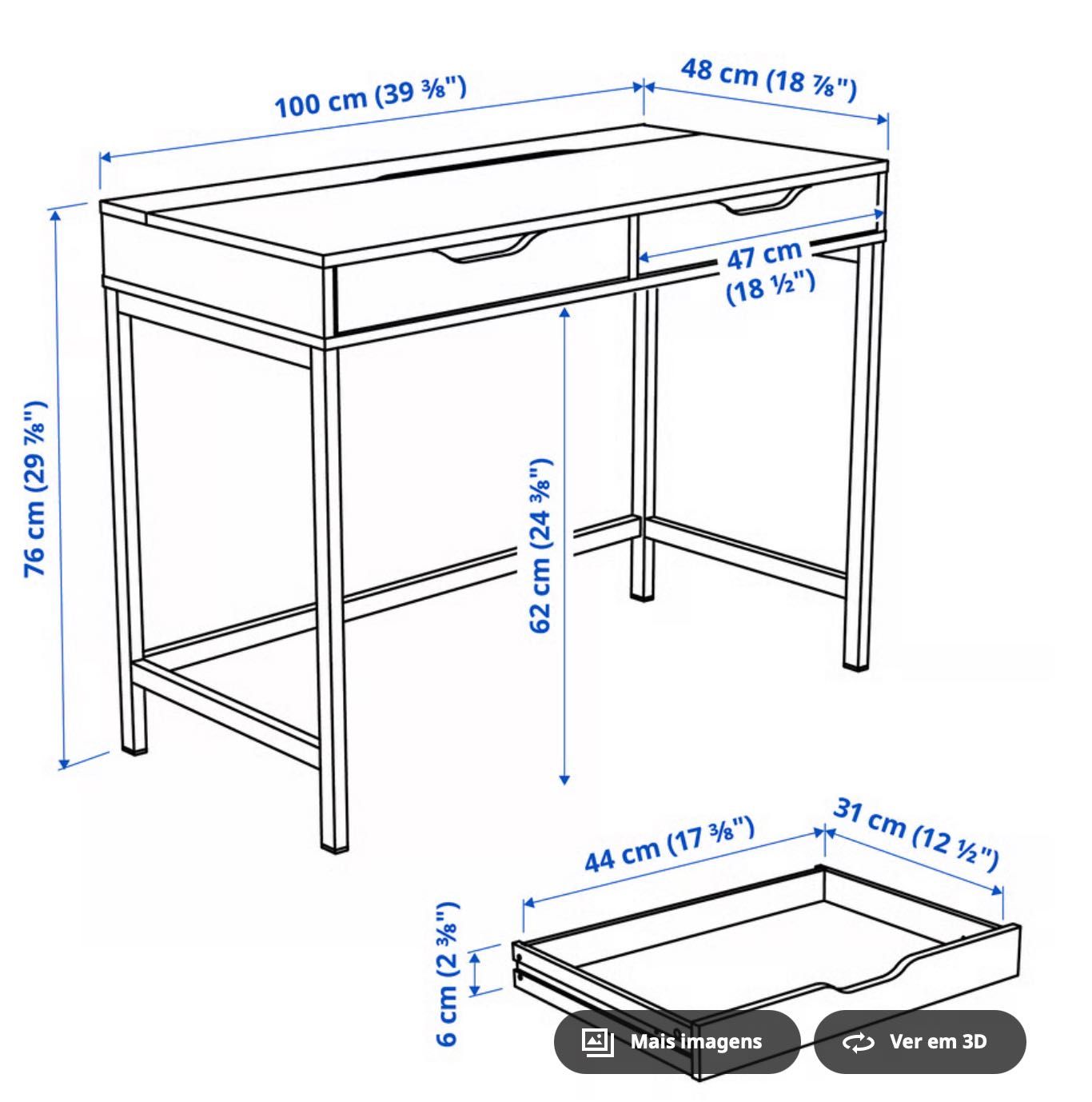 Secretária com duas gavetas do Ikea, gama Alex 132x58cm