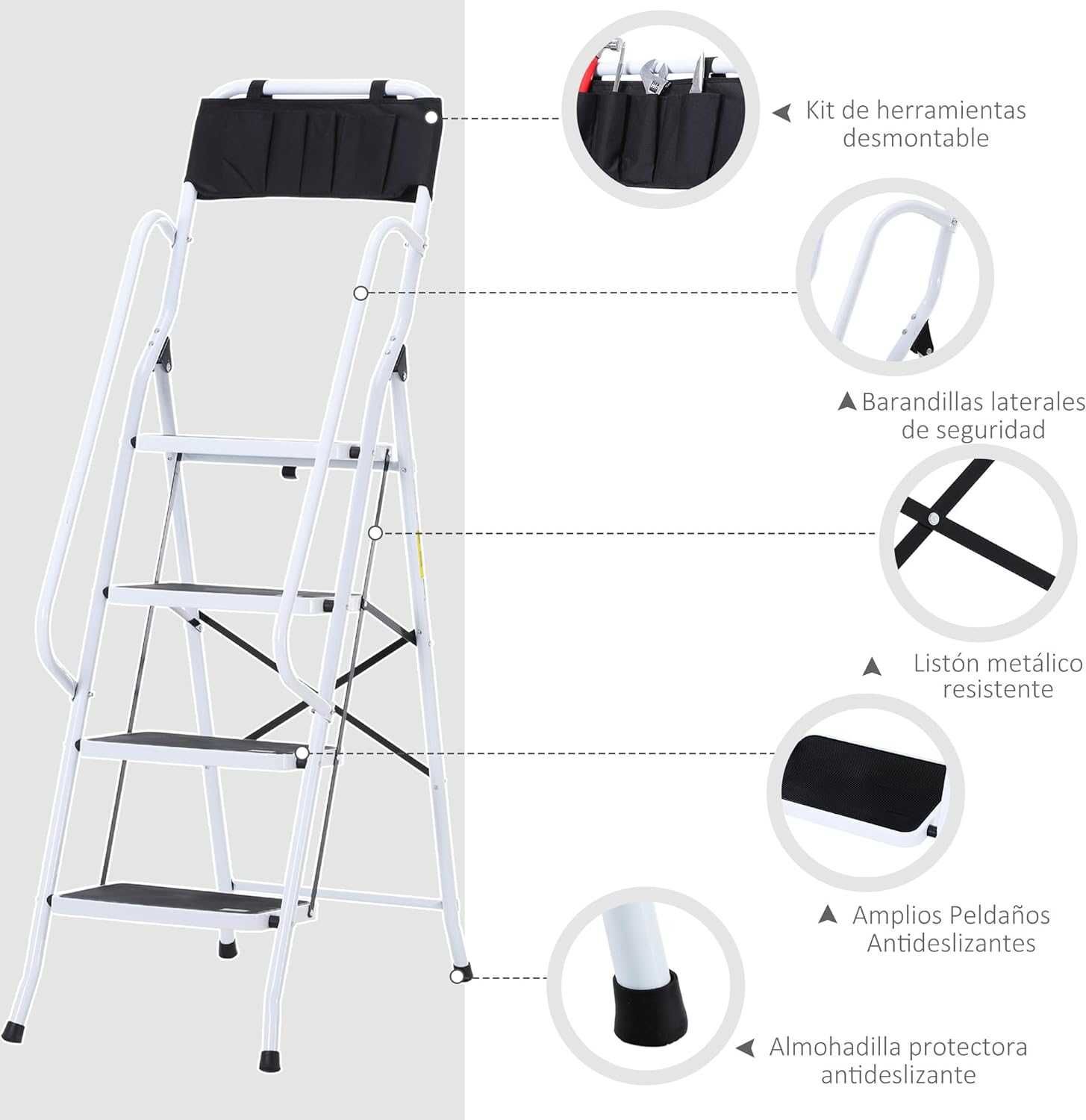 Escadote 4 degraus com corrimão +bolsa para ferramentas 1,55x50cm NOVO