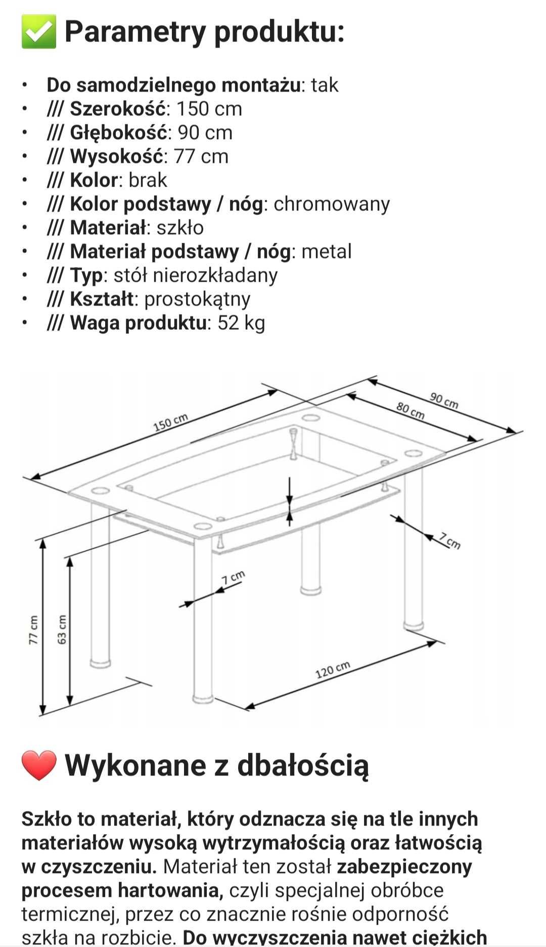 Stół prostokątny Halmar Cristal 150 x 90 x 77cm metal