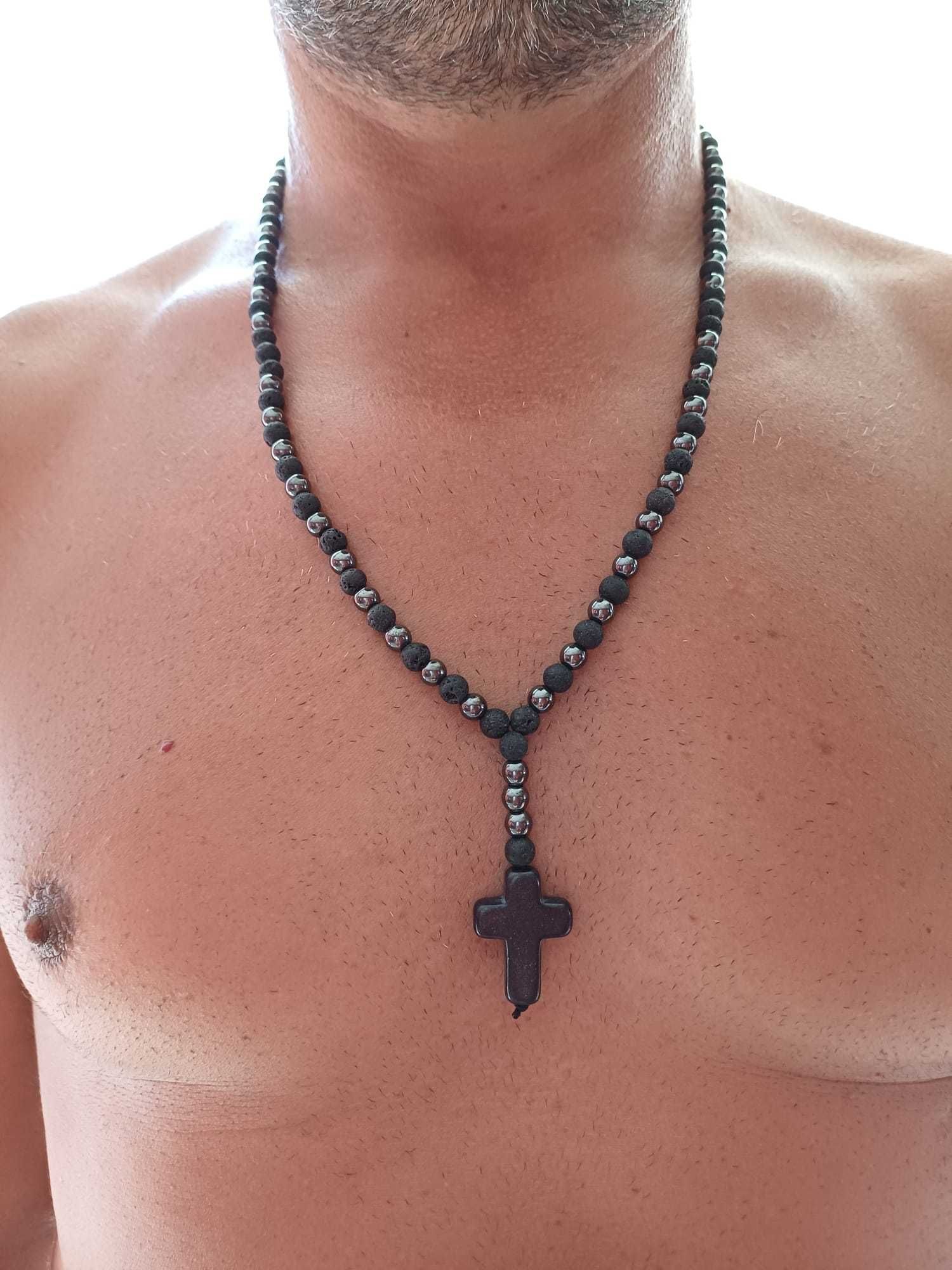 Colar Masculino Pedras Naturais & Cruz Hematite - Pulseiras Me4You