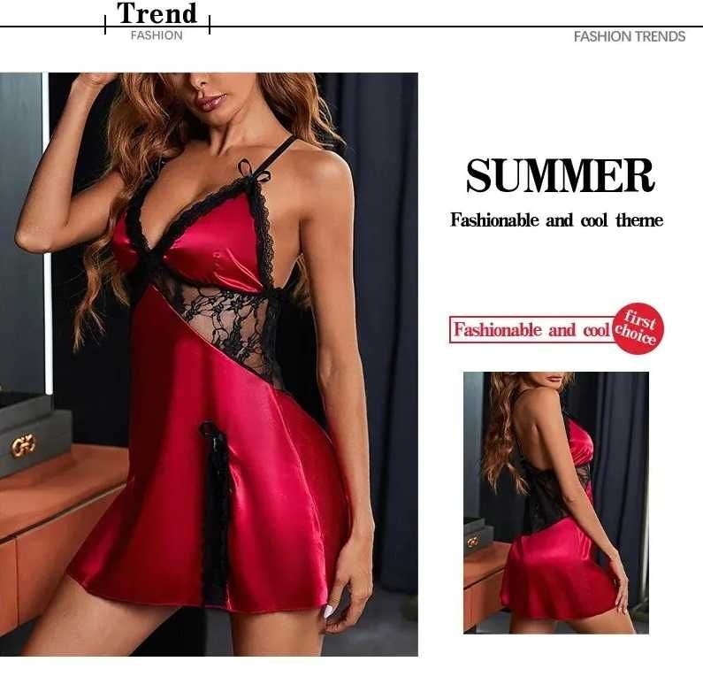koronkowa patchworkowa satynowa Slim Fit damska piżam czerwona XL