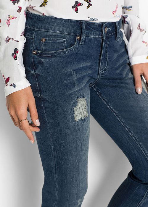 bonprix jeansowe spodnie damskie rurki skinny z przetarciami zamki 38