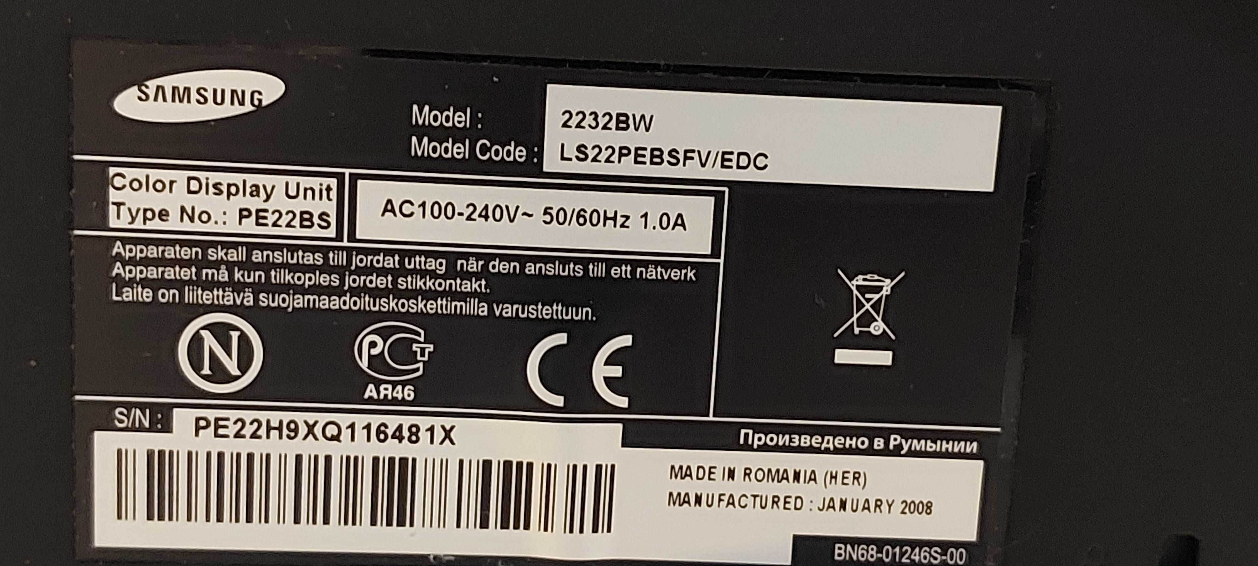 Монітор Samsung   Model:2223BW Model Code:LS22PEBSFV/EDC