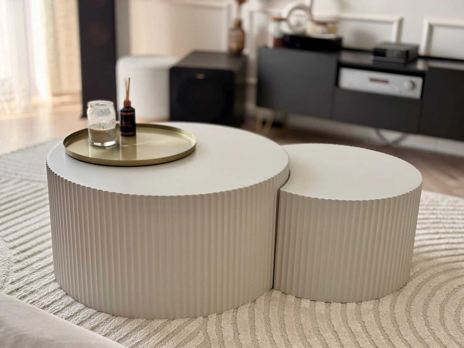 Stolik kawowy podwójny - NOWY, ryflowany, beżowo-szary