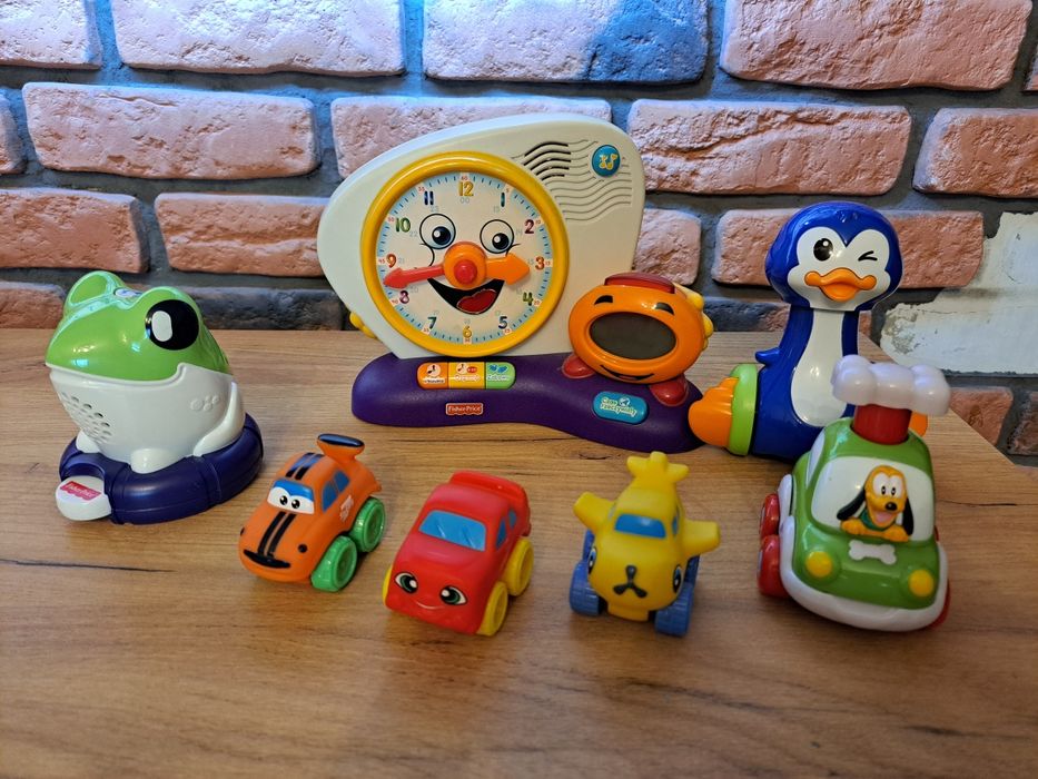 Zabawki Fisher Price Smiki zegar, żabka meter, pingwin i autka