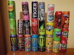 Puszki monster, tiger, cola, fanta itd