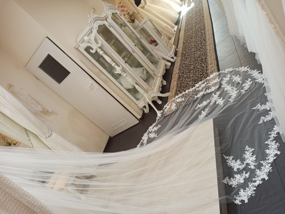 NOWY welon katedralny PROMOCJA długi jedwabny koronkowy 3,5m ivory ecr