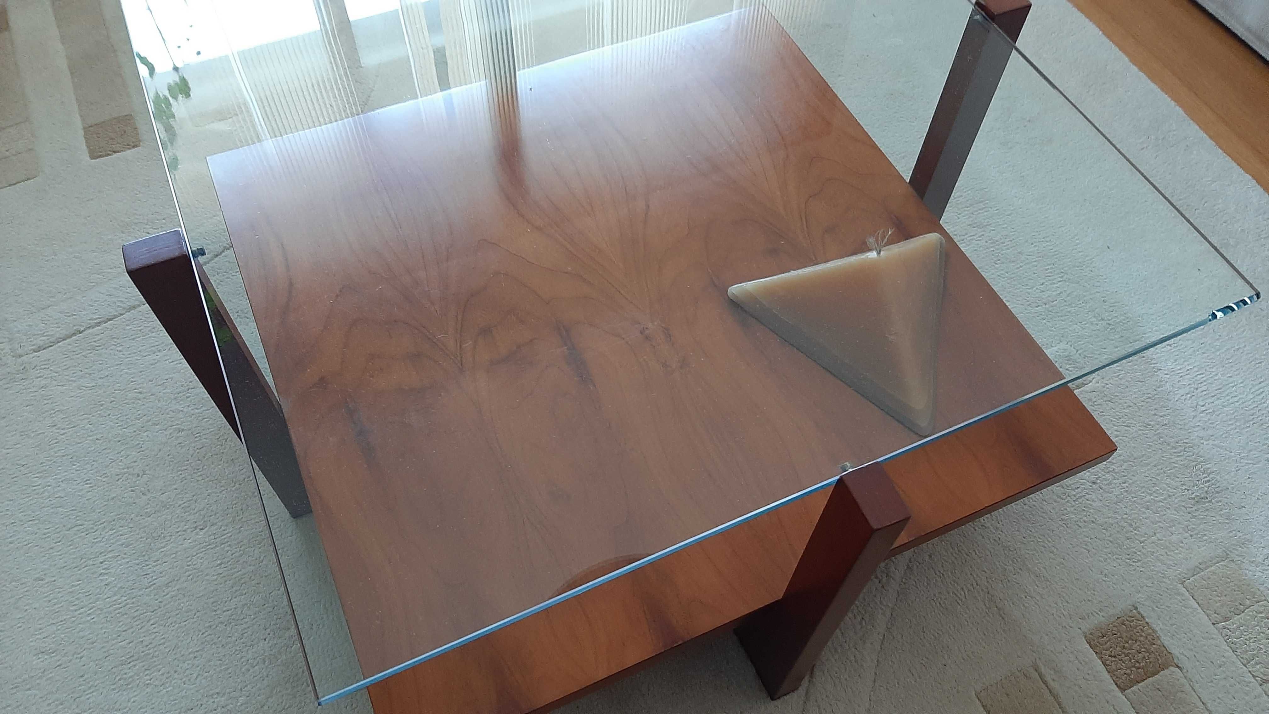 Mesa centro sala estar madeira maciça e vidro temperado