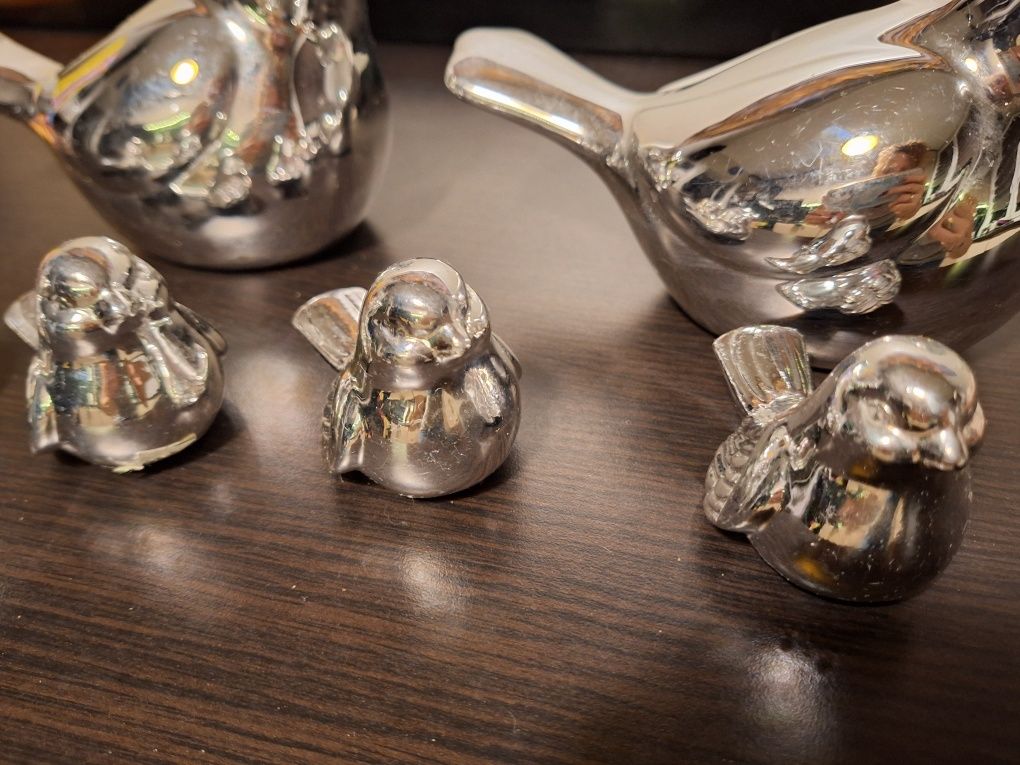 Figurki Ptaki ceramiczne srebrne 6 sztuk porcelanowe