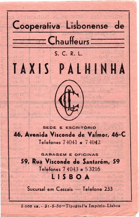 Antigos Horários dos Taxis Palhinha 1956