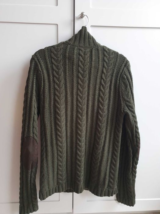 Zielony khaki sweter kardigan wełniany zapinany z warkoczem GAP S 36